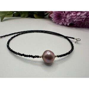 Floating Purple Pearl and Black Spinel Choker, 925 Sterling Silver Clasp